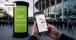 Eigene digitale Infrastruktur für Sportclubs: Litfaßsäule mit GET-Raumdeuter-Werbung neben einem Smartphone mit der App eines Stadion auf der die Raumdeuter-Software zu sehen ist vor einem Stadion.